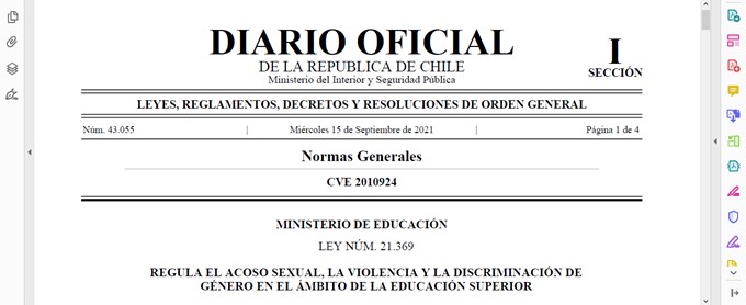 La ley 21369 que previene y sanciona el acoso sexual, la discriminación y la violencia de género fue promulgada en diario oficial